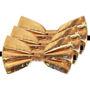 3x Holografisch gouden verkleed vlinderstrikjes 13 cm voor dames/heren - Holografisch goud thema verkleedaccessoires/feestartikelen - Vlinderstrikken/vlinderdassen met elastieken sluiting