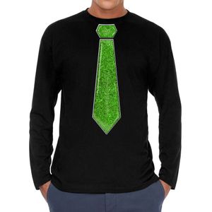 Bellatio Decorations Verkleed shirt heren - stropdas glitter groen - zwart - carnaval - longsleeve