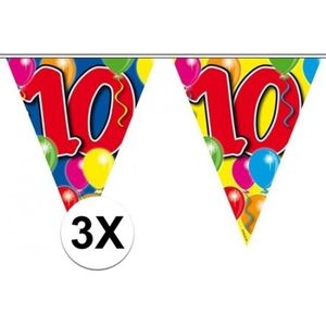 3x Leeftijd versiering vlaggenlijnen / vlaggetjes / slingers 10 jaar geworden thema 10 meter