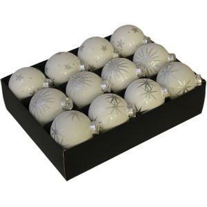 Othmara Kerstballen - 12st - glas - gedecoreerd wit - 7,5 cm