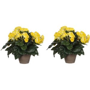 2x stuks gele Begonia kunstplant met bloemen 30 cm in grijze pot - Kunstplanten/nepplanten - Voor binnen