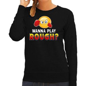 Funny emoticon sweater Wanna play rough zwart voor dames - Fun / cadeau trui