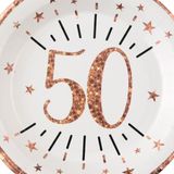 Verjaardag feest bordjes leeftijd - 20x - 50 jaar - rose goud - karton - 22 cm - rond