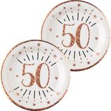 Verjaardag feest bordjes leeftijd - 20x - 50 jaar - rose goud - karton - 22 cm - rond
