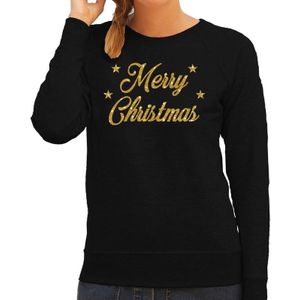 Foute Kersttrui / sweater - Merry Christmas - goud / glitter - zwart - dames - kerstkleding / kerst outfit