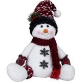Pluche decoratie sneeuwpop - 36 cm - met rode muts - zittend - kerstdecoratie