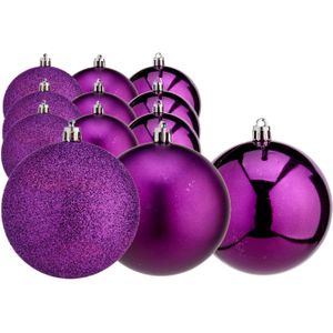 Krist+ Kerstballen - 12x st - paars - kunststof - 8 cm - glitter-glans-mat