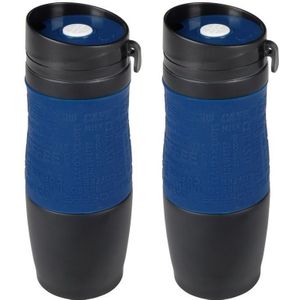 2x Thermosbekers/warmhoudbekers donkerblauw/zwart 380 ml - Thermo koffie/thee isoleerbekers dubbelwandig met schroefdop