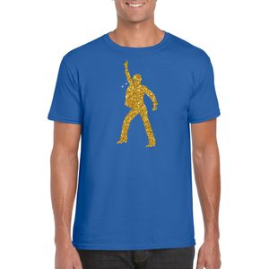 Bellatio Decorations disco verkleed t-shirt voor heren - blauw - gouden glitter - jaren 70/80