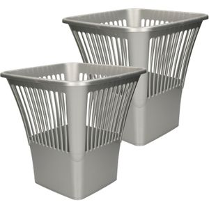 Plasticforte Afvalbak/vuilnisbak/kantoor prullenbak - 2x stuks - plastic - zilver/grijs - 30 cm