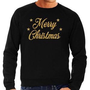 Foute Kersttrui / sweater - Merry Christmas - goud / glitter - zwart - heren - kerstkleding / kerst outfit