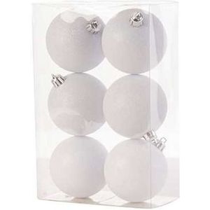 6x Witte kunststof kerstballen 8 cm - Glitter - Onbreekbare plastic kerstballen - Kerstboomversiering wit