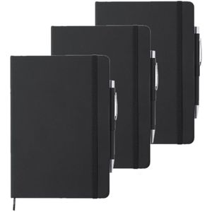 Set van 5x stuks luxe schriften/notitieboekje zwart met elastiek en pen A5 formaat - 100x gelinieerde paginas