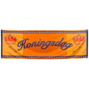 2x Oranje Koningsdag spandoek/ banner/ vlag 220 x 74 cm - Oranje Koningsdag versiering/ straatversiering