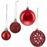 Relaxdays kerstballen - 50x st - rood - 3, 4 en 6 cm - kunststof - mat/glans/glitter