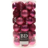 Kunststof kerstballen - 37x st - fuchsia roze - met kralenslinger zilver