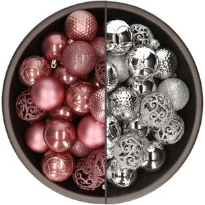 74x stuks kunststof kerstballen mix van velvet roze en zilver 6 cm - Kerstversiering