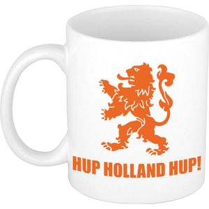 Hup Holland hup met leeuw beker / mok wit - 300 ml - oranje supporter / fan