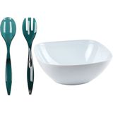 Plasticforte Salade/sla serveerschaal - wit - kunststof - D28 X H11 cm - met sla bestek - blauw - 29 cm