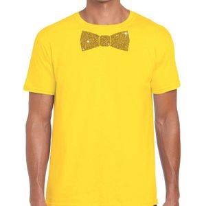 Geel fun t-shirt met vlinderdas in glitter goud heren