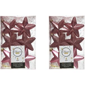 12x Oud roze sterren kerstballen/kersthangers 7 cm - Glans/mat/glitter - Kerstboomversiering oud roze