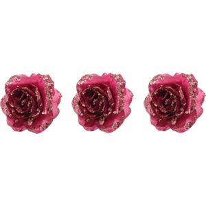 10x stuks decoratie bloemen roos framboos roze (magnolia) glitter op clip 14 cm - Decoratiebloemen/kerstboomversiering