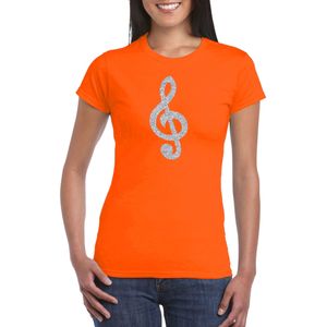 Zilveren muzieknoot G-sleutel / muziek feest t-shirt / kleding - oranje - voor dames - muziek shirts / muziek liefhebber / outfit