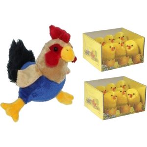 Pluche kippen/hanen knuffel van 20 cm met 12x stuks mini kuikentjes 5 cm - Paas/pasen decoratie