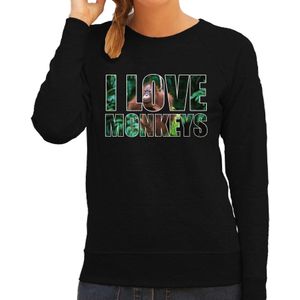Tekst sweater I love monkeys met dieren foto van een orang oetan aap zwart voor dames - cadeau trui apen liefhebber