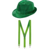 Carnaval verkleed set - hoedje en bretels - groen - volwassenen - glitters