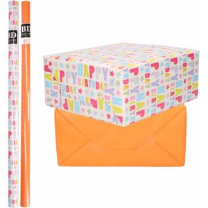 8x Rollen kraft inpakpapier happy birthday pakket - oranje 200 x 70 cm - cadeau/verzendpapier