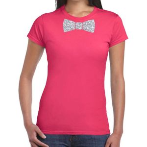 Roze fun t-shirt met vlinderdas in glitter zilver dames - shirt met strikje