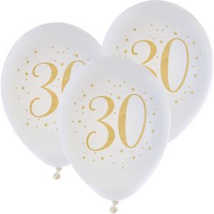 Santex verjaardag leeftijd ballonnen 30 jaar - 24x stuks - wit/goud - 23 cm - Feestartikelen