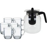 Glazen theepot met filter/infuser van 1,5 liter met 6x stuks theeglazen van 260 ml