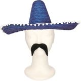 Carnaval verkleed set Gringo - Mexicaanse sombrero hoed - blauw - met Western thema plaksnor blauw