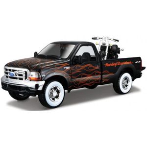 Modelauto Ford F-350 pickup met Harley Davidson motor zwart 20 cm - Schaal 1:24 - Speelgoedauto - Miniatuurauto