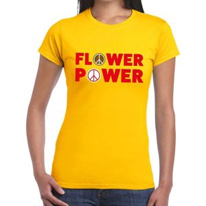 Flower power tekst t-shirt geel voor dames