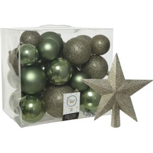 26x stuks kerstballen met ster piek - mosgroen - kunststof - 6, 8, 10 cm