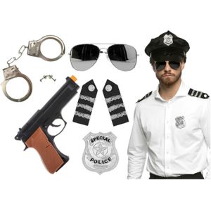 Carnaval verkleed set - politiepet zwart - handboeien/epauletten/badge/zonnebril/pistool