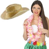 Carnaval verkleed set - Tropische Hawaii party - stro beach hoed - met volle bloemenslinger roze - volwassenen