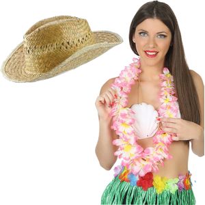 Carnaval verkleed set - Tropische Hawaii party - stro beach hoed - met volle bloemenslinger roze - volwassenen