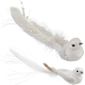 2x Witte vogeltjes met glitters en pailletten op clip - Kerstboomversiering/decoratie - Vogels op clip