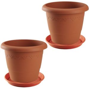 2x stuks bloempot met onder opvangschaal in kleur terra cotta - rond diameter pot 50 cm - Plantenpotten/bakken