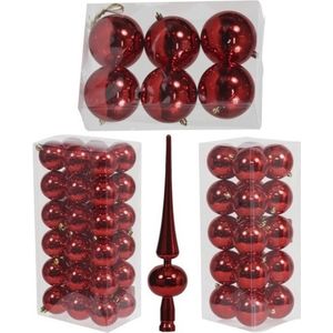Kerstversiering kunststof kerstballen met piek rood glans 6-8-10 cm pakket van 63x stuks - Kerstboomversiering