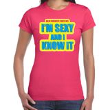 Foute party I m sexy and i know it verkleed/ carnaval t-shirt roze dames - Foute hits - Foute party outfit/ kleding