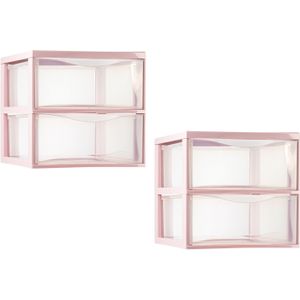 PlasticForte ladeblokje/bureau organizer - 2x - 2 lades - transparant/roze - L26 x B36 x H25 cm