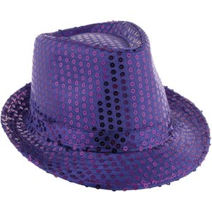 Funny Fashion Carnaval verkleed Trilby hoedje met glitter pailletten - paars - heren/dames