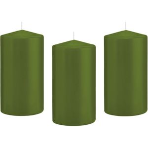 8x Olijfgroene cilinderkaarsen/stompkaarsen 8 x 15 cm 69 branduren - Geurloze kaarsen olijf groen - Stompkaarsen