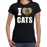 I love cats t-shirt met dieren foto van een bruine kat zwart voor dames - cadeau shirt katten liefhebber
