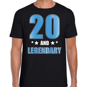 20 and legendary verjaardag cadeau t-shirt / shirt - zwart met blauwe en witte letters - voor heren - 20ste verjaardag kado shirt / outfit